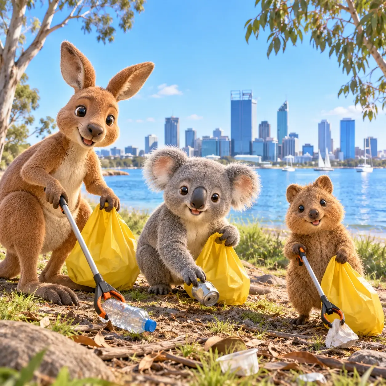 A kangaroo, a koala and a quokka picking up bottles and cans with grabbers on the Perth foreshore, the city skyline behind them.