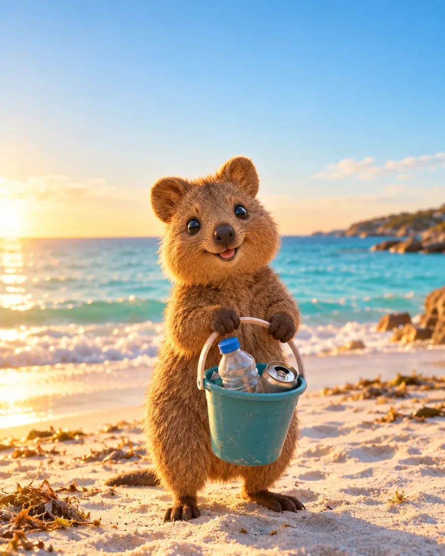 A quokka on a white beach holding a bucket of bottles and cans.