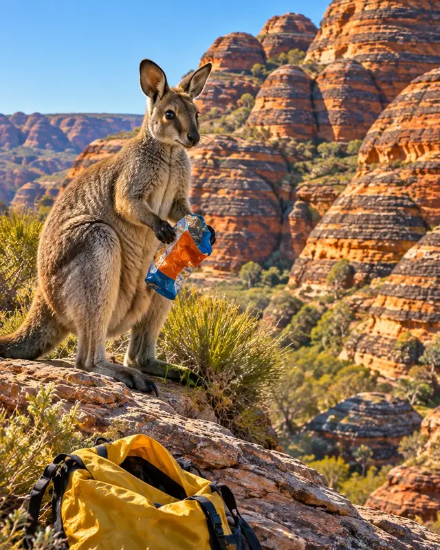 A wallaby with a plastic bottle in front of the Bungle Bungle domes.
