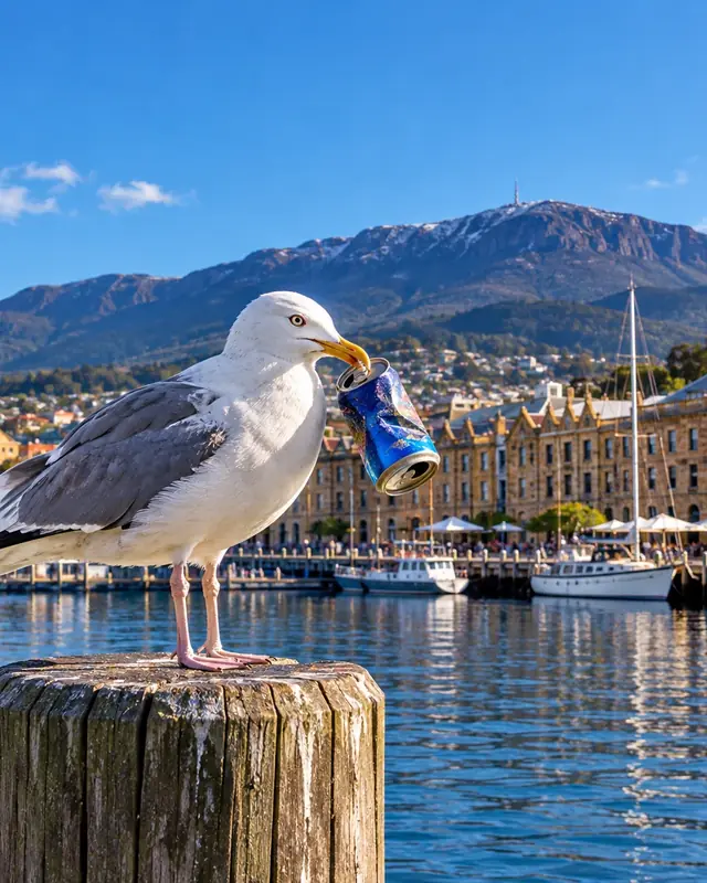 A gull with a crushed can on a pier in Hobart harbour, the mountain behind.