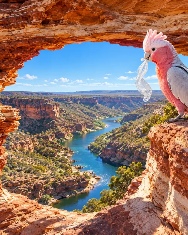 A galah holding a plastic bag at Nature's Window, Kalbarri.