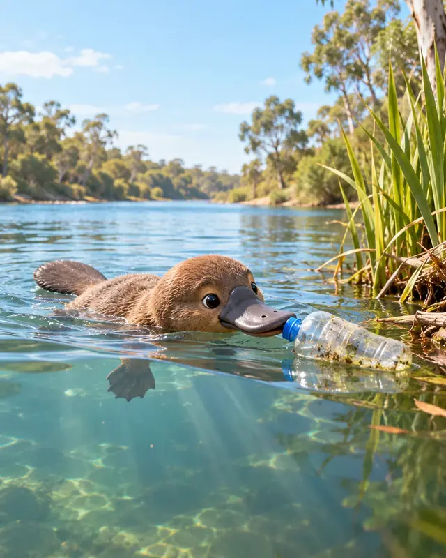 A platypus swimming past a plastic bottle in a creek.