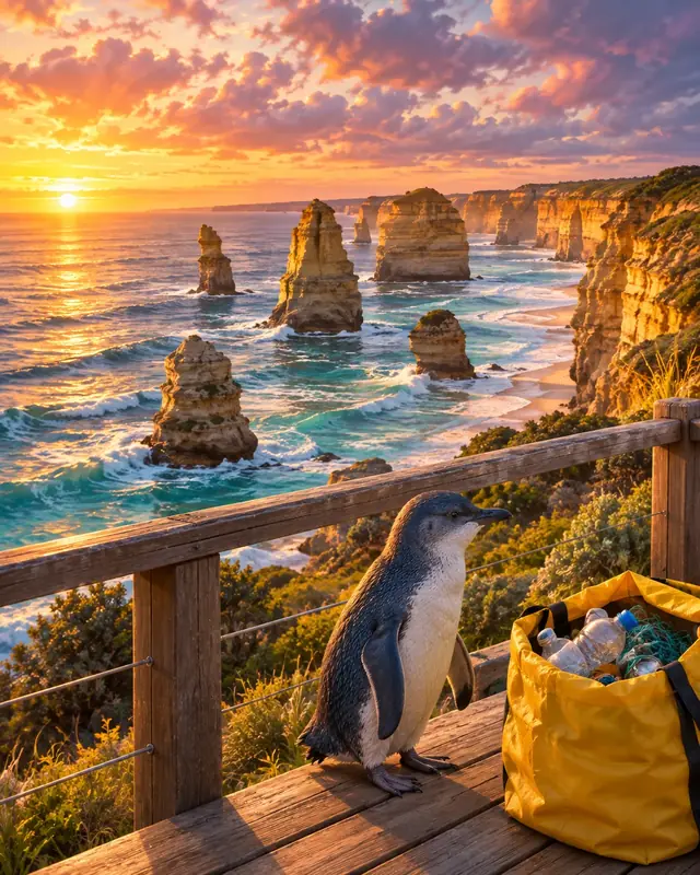 A little penguin beside a full litter bag at the Twelve Apostles lookout.