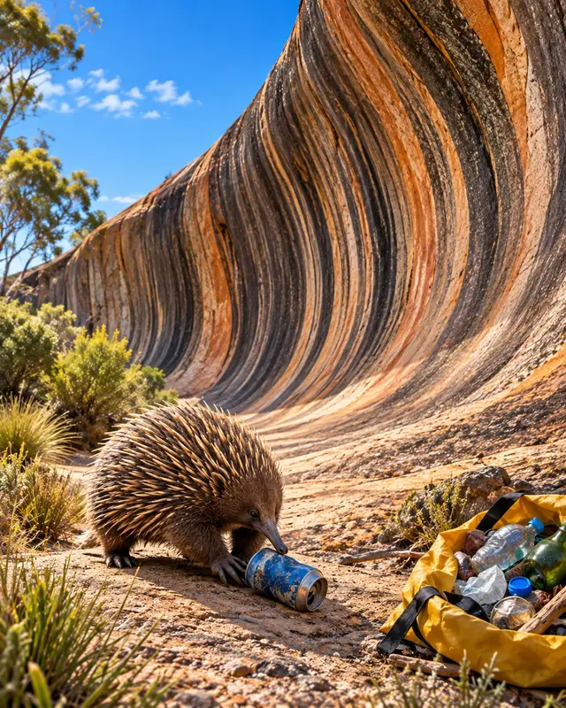 An echidna nosing a can at the foot of Wave Rock.