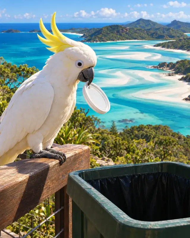 A cockatoo dropping a plastic lid into a bin above Whitehaven Beach.