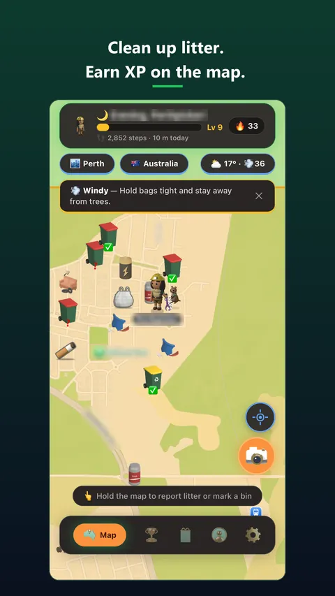 The map: clean up litter and earn XP.