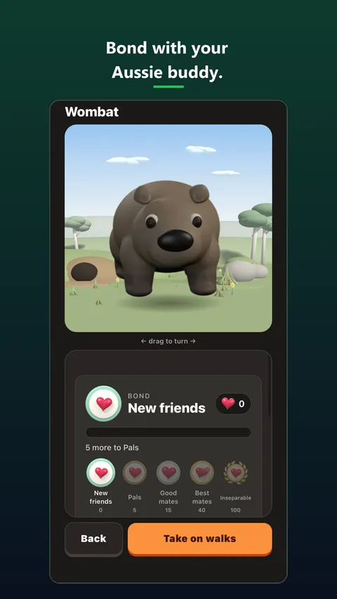 A wombat buddy in 3D, with its bond level.